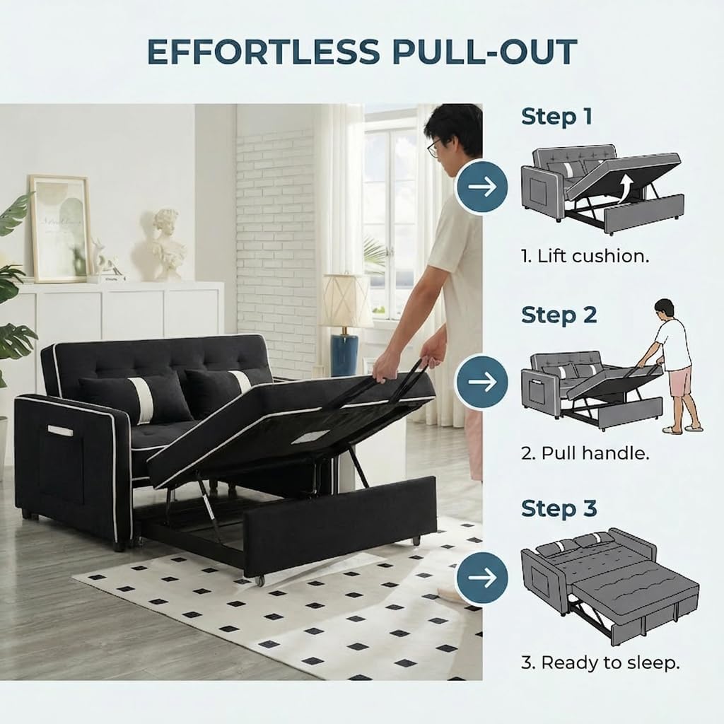 Convertible Velvet Sofa Bed with Pull-Out Bed & Side Storage Pockets, Modern Sleeper Sofa for Living Room, Apartment, Small Spaces, and Bedroom (7705-Black)