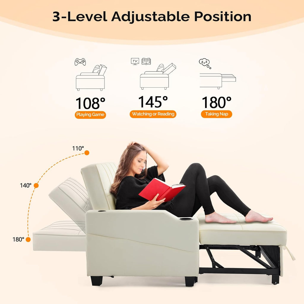 VINGLI Beige Loveseat Sleeper Sofa, Convertible Futon Sofa Bed Pullout Couch Bed with USB Ports, Cup Holders, Armrest for Living Room, Bedroom, Home Office Apartment