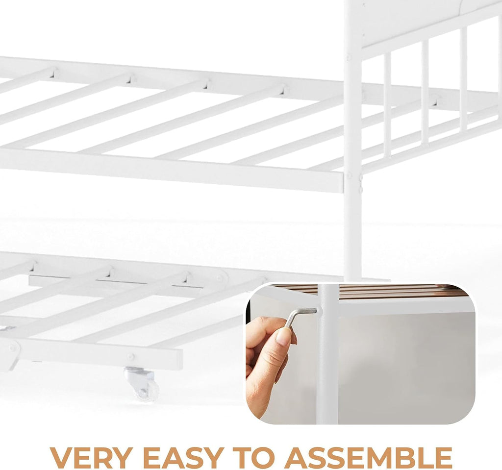 Daybed with Trundle, Metal Twin Size Day Bed with Stylish Headboard, Sofa BedFrame with Pop Up Foldable Trundle Bed, Heavy Duty Steel Slats Platform for Living Room, Bedroom and Guest Room, White