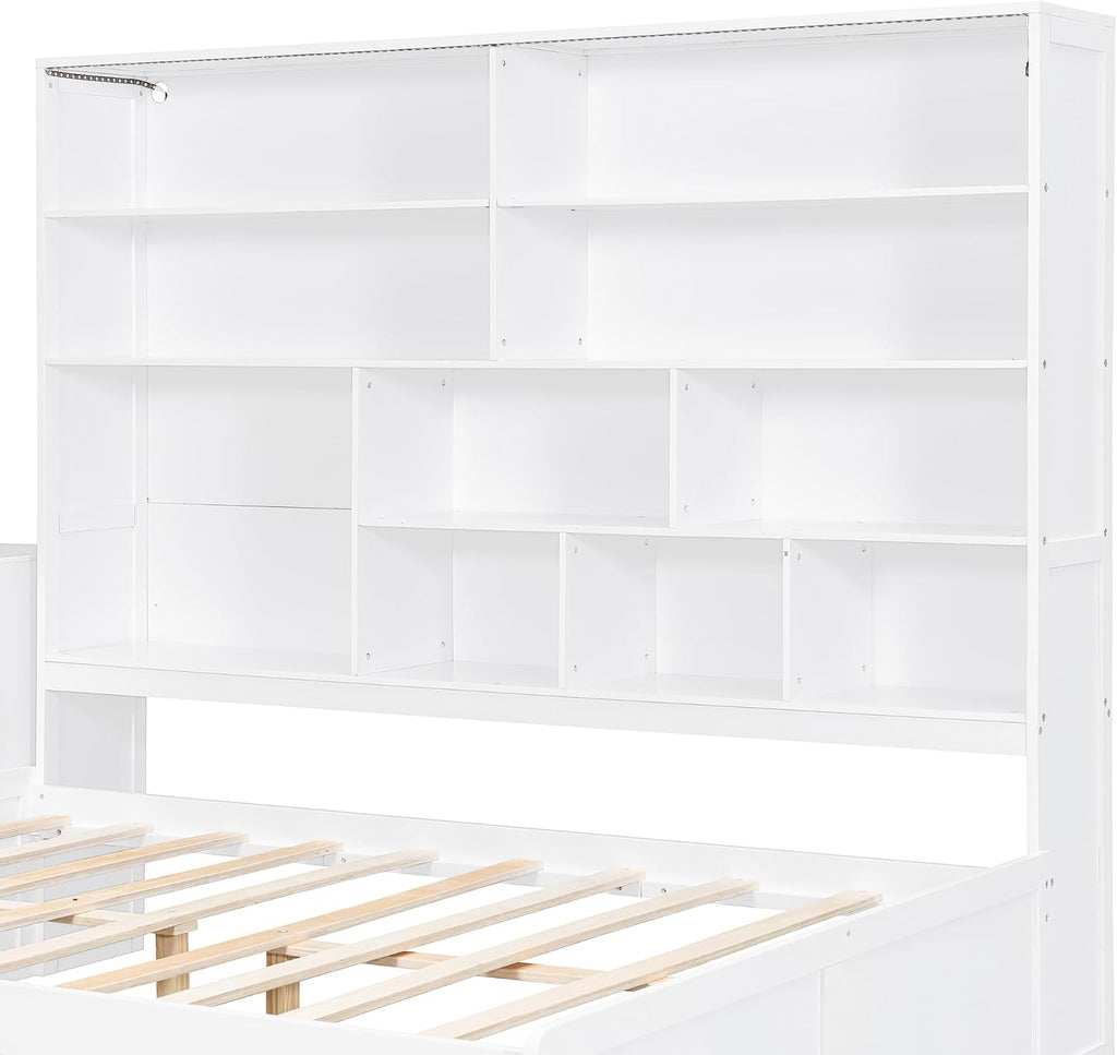 LUMISOL Corner Full Bed Frame with Storage Drawers, Built-in Desk with USB Ports & Shelves, Wooden Daybed Sofa Bed with LED Bookcase for Bedroom Living Room, White