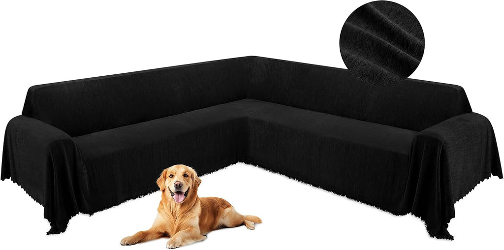 HDCAXKJ Corner Sectional Couch Covers for Dogs L Shape Sofa Cover with Tassel Chenille Soft Non Slip U Shaped Couch Cover Blanket Washable Sofa Slipcovers Protector (Charcoal Black, 91x252 inch)