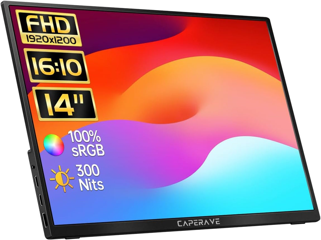 CAPERAVE Portable Monitor - 14.0' USB C HDMI Travel Monitor for Laptop, FHD 100% sRGB, Built-in Kickstand & Speakers, Second Screen and External Monitor for MacBook Xbox PS4/5 Switch