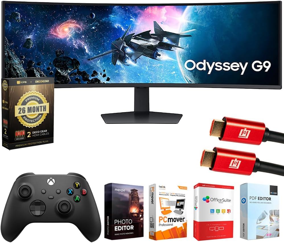 Samsung 49' Odyssey G9 G95C DQHD 240Hz Curved Gaming Monitor Bundle with Microsoft Wireless Controller, Elite Suite 18, 2X HDMI Cable and Deco Gear CPS 26 Month Protection Pack (Beach-CPS- 26M1500)