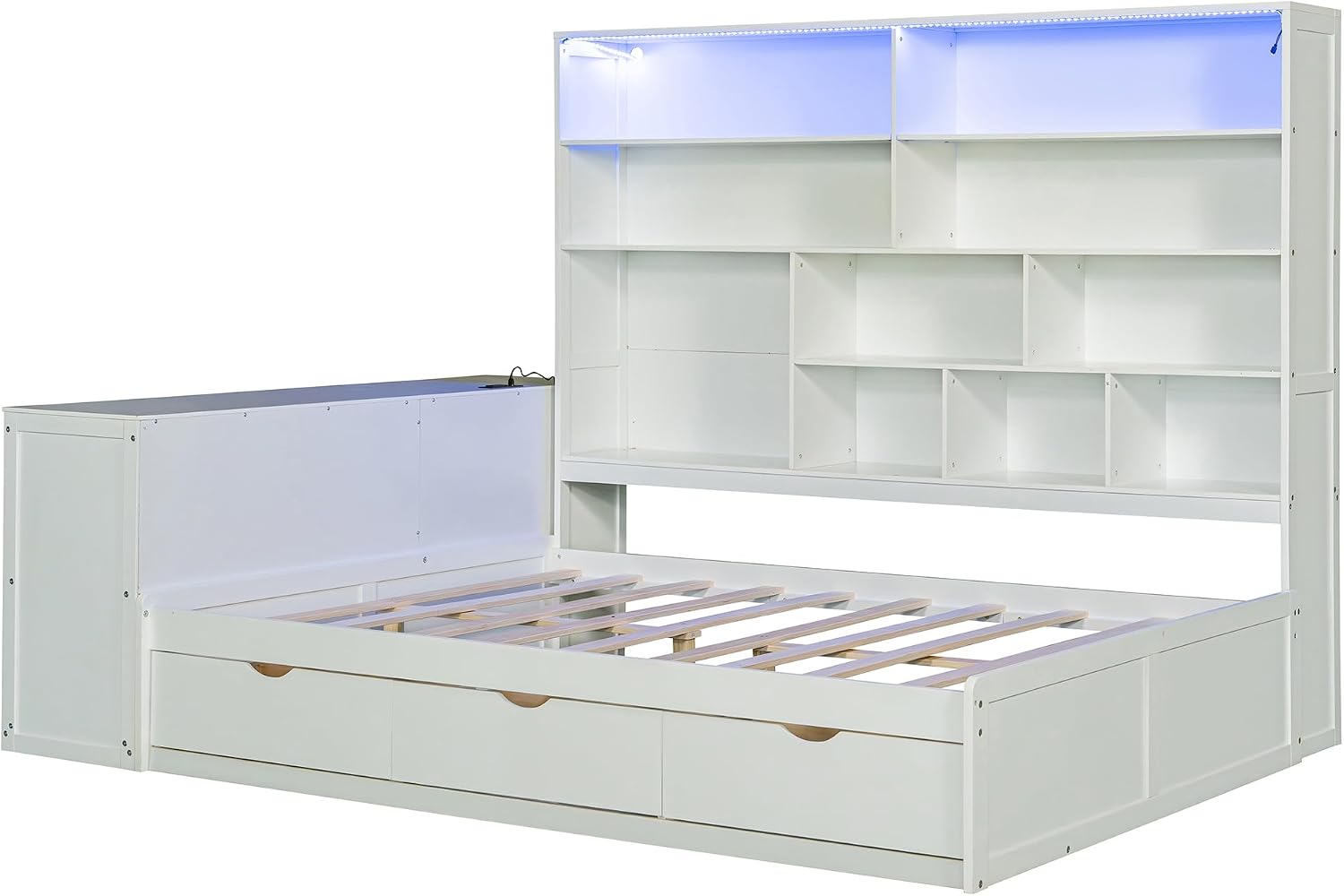 LUMISOL Corner Full Bed Frame with Storage Drawers, Built-in Desk with USB Ports & Shelves, Wooden Daybed Sofa Bed with LED Bookcase for Bedroom Living Room, White