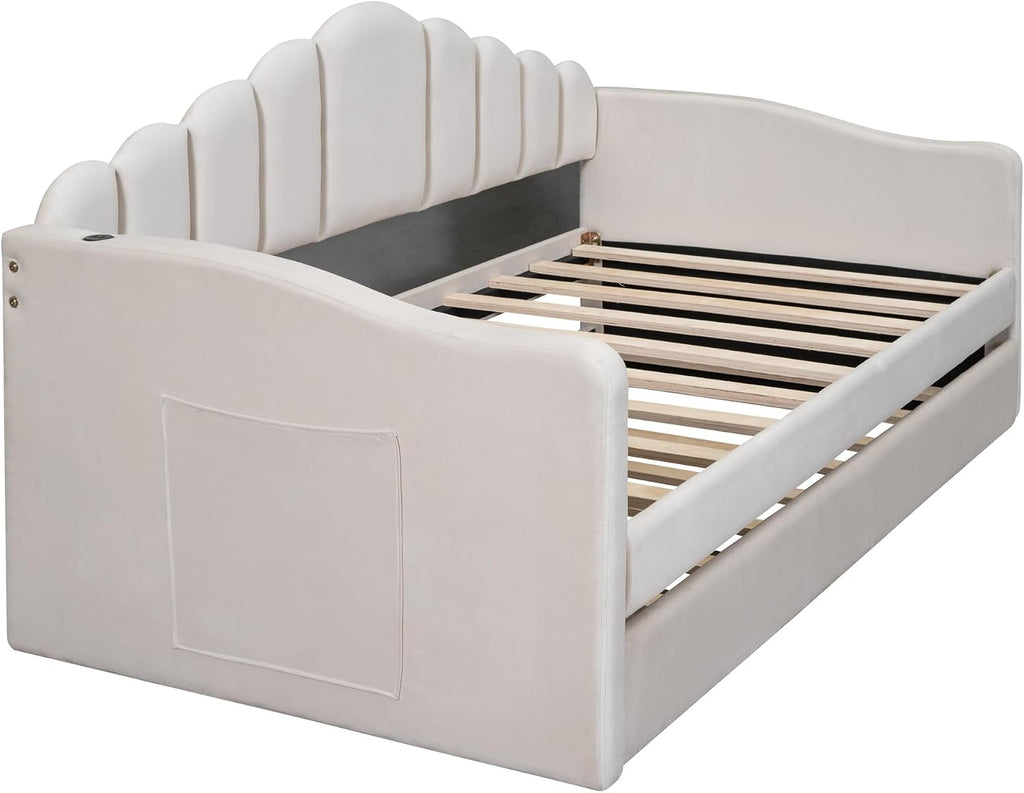 Bellemave Twin Size daybed with Trundle for Adults, Kids, Girls, Teens, daybeds with Trundle for Living Room, Velvet, Beige(Mattress not Included)