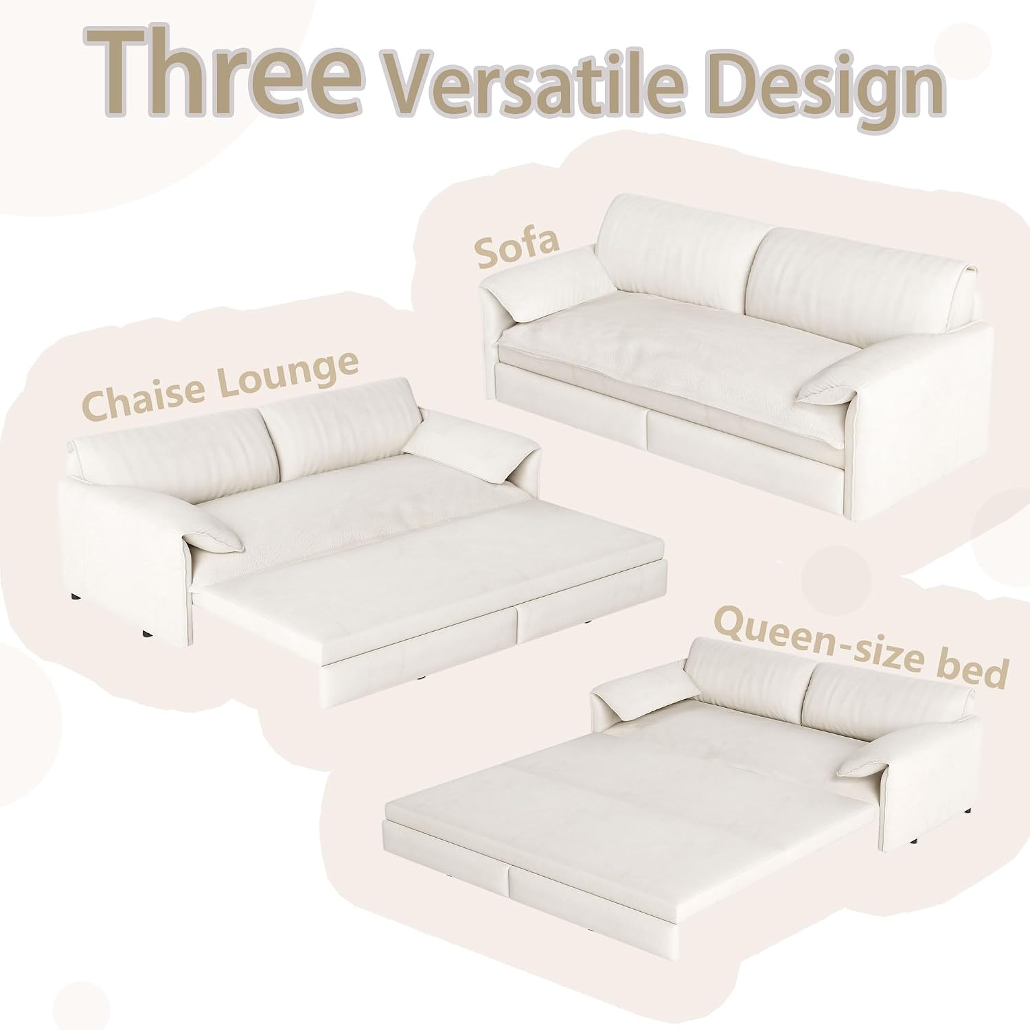 66' Queen Size Pull Out Sofa Bed, 3-in-1 Convertible Sleeper with Side Storage and Wheels, Velvet Loveseat for Living Room, Apartment, Bedroom, Beige (Mattress & Bedding Not Included)