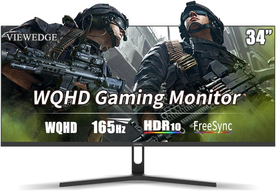 Viewedge Gaming Monitor 34 inch WQHD (3440x1440p) 165Hz Computer Monitor, 1ms 120% sRGB HDR10 VA DisplayPort HDMI Monitor, Wall Mountable Built-in Speakers