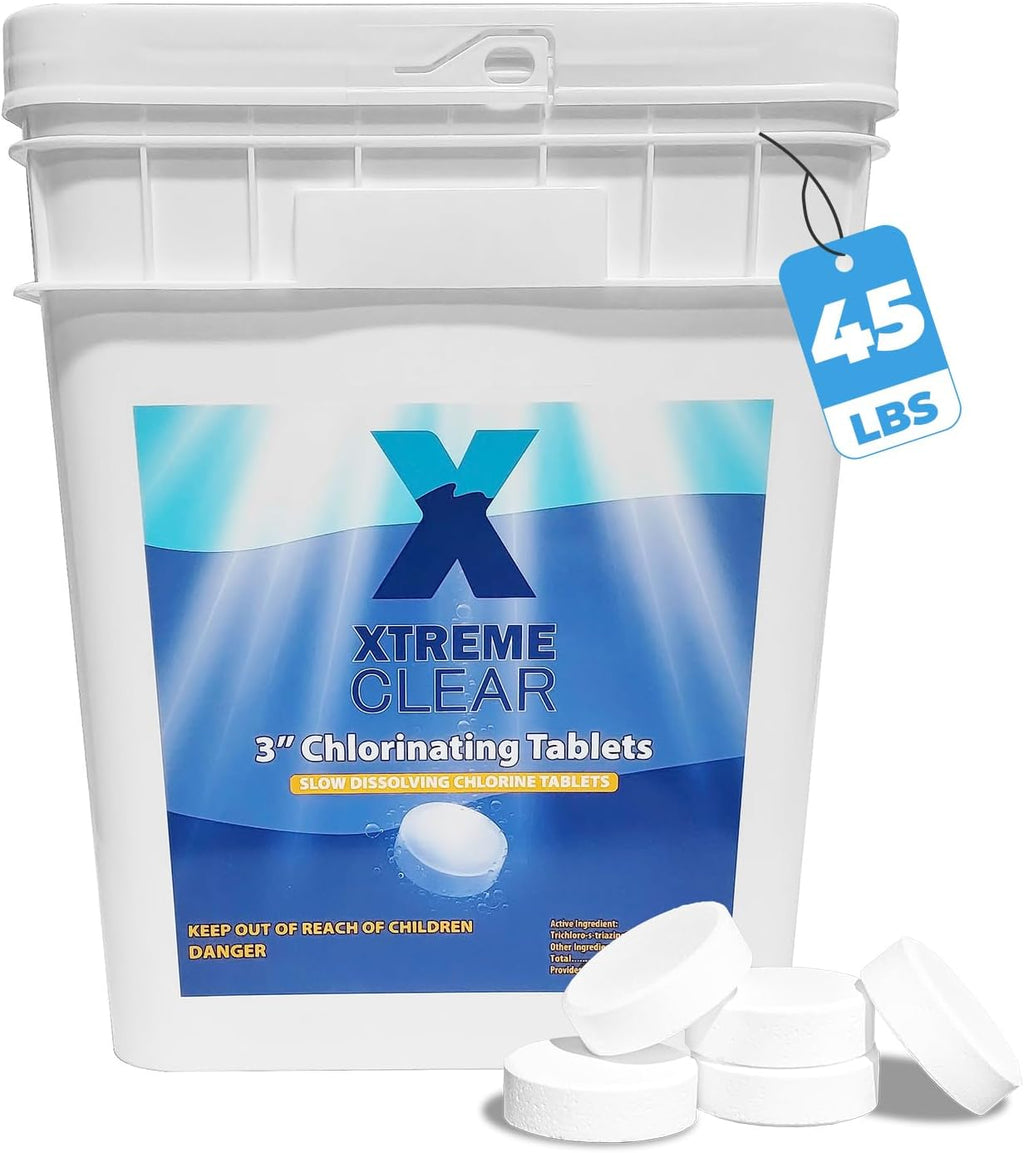 Xtremeclear 3' Swimming Pool Chlorine Tablets 99% Pure Tri-Chlor Pool Sanitizer 45LBS Slow Dissolving Chlorinating Tabs for Swimming Pools, Hot Tubs, Spa