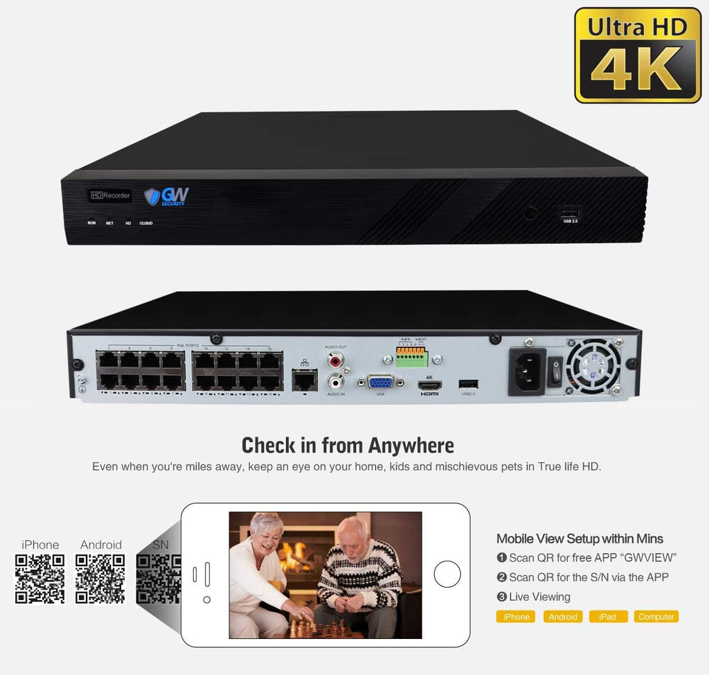 GW Security 16 Channel 4K NVR Super HD 1920P IP PoE Security Camera System with 16 Outdoor Waterproof 2.8-12mm Varifocal Zoom 5.0 Megapixel 1920P Microphone IP Cameras, AI Human Detection
