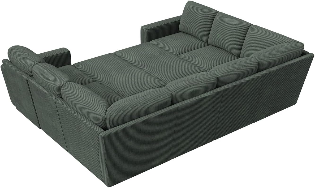 HONBAY Modular Sectional Pull Out Couch Bed, Corduroy Sleeper Sofa with Storage Seats, Oversized U Shaped Sectional Couches for Living Room, Green