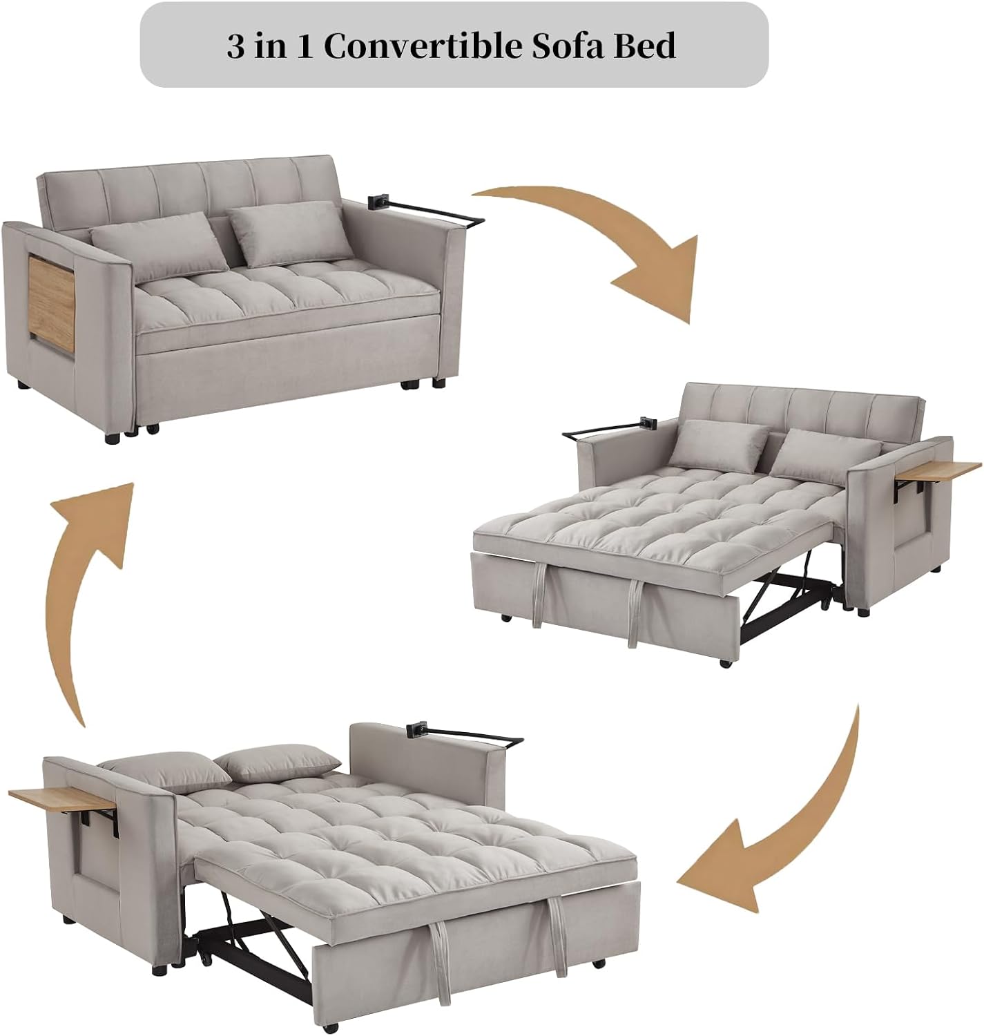 Loveseat Sleeper Sofa, 3 in 1 Convertible Sofa Bed, Adjustable Backrest Comfy Pull Out Couch, Modern Upholstered Sofa for Living Room Bedroom Apartment Small Space (Grey with Side Table)