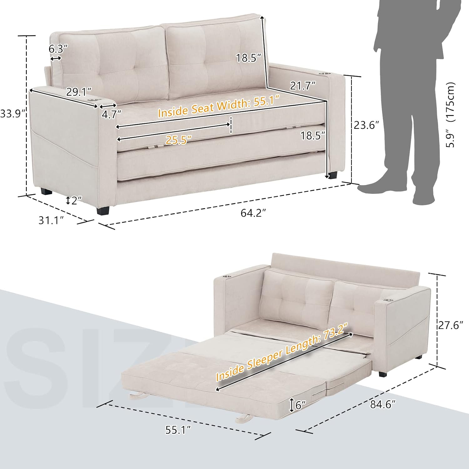 VINGLI Upgraded 64' W 84' L Full Size Futon Sofa Bed, 6' Thick Upholstery Chenille Loveseat Sofa Sleeper Pull Out Couch,Convertible Floor Couch for Living Room, Bedroom, Entertainment Room, Beige