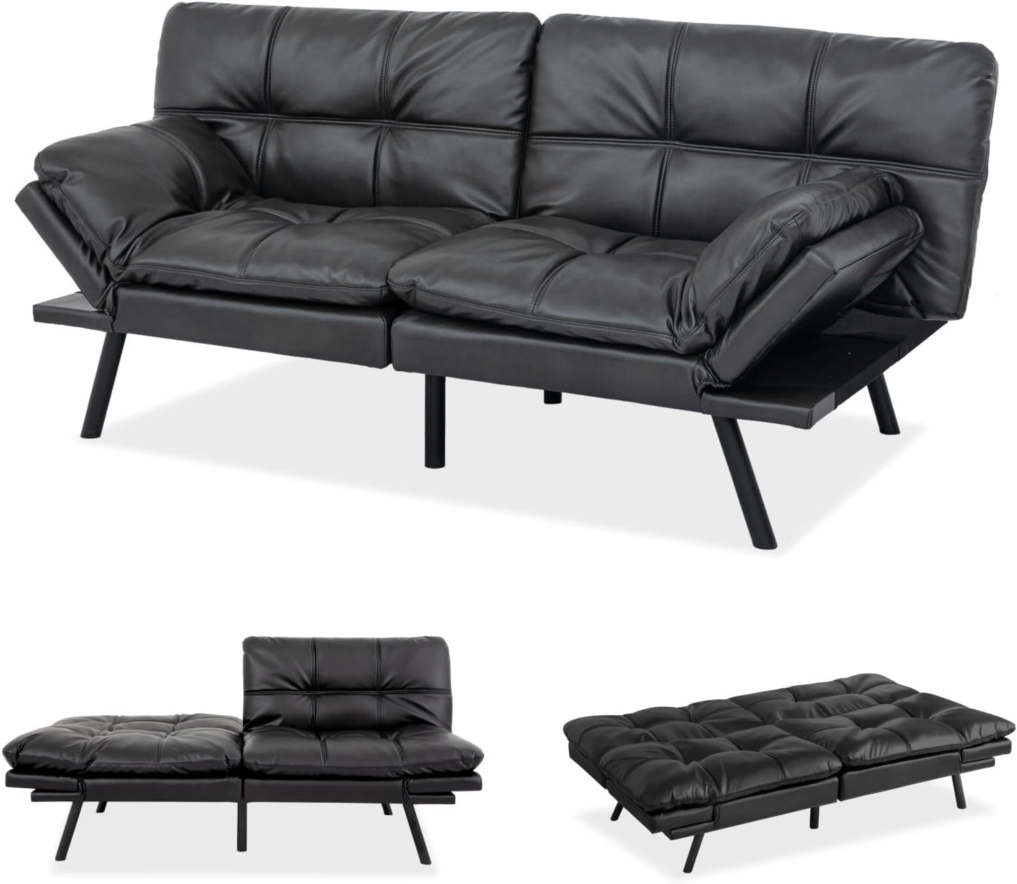 MUUEGM 71-Inch Convertible Futon Sofa Bed with Adjustable Backrest & Removable Armrests, Foldable Sleeper Loveseat for Small Space Living Room, Studio Apartment, Home Office，Matte Black