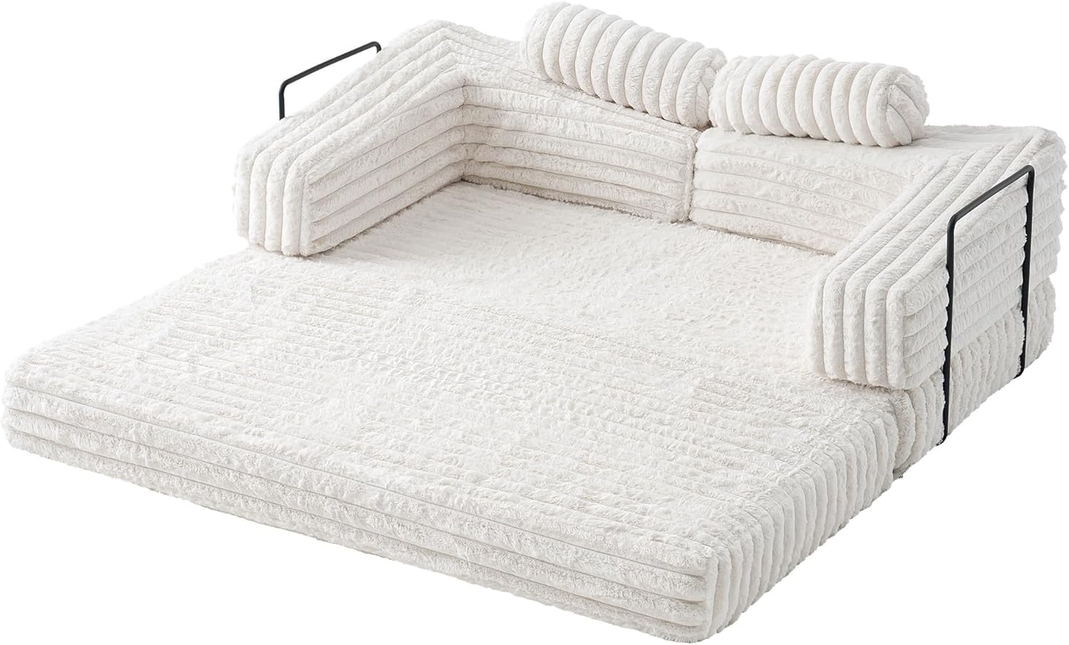 VanAcc Futon Sofa Bed, Convertible Futon Couch with Plush Faux Fur, No Assembly Mattress Futon Sofa for Living Room, Apartment, Bedroom, White