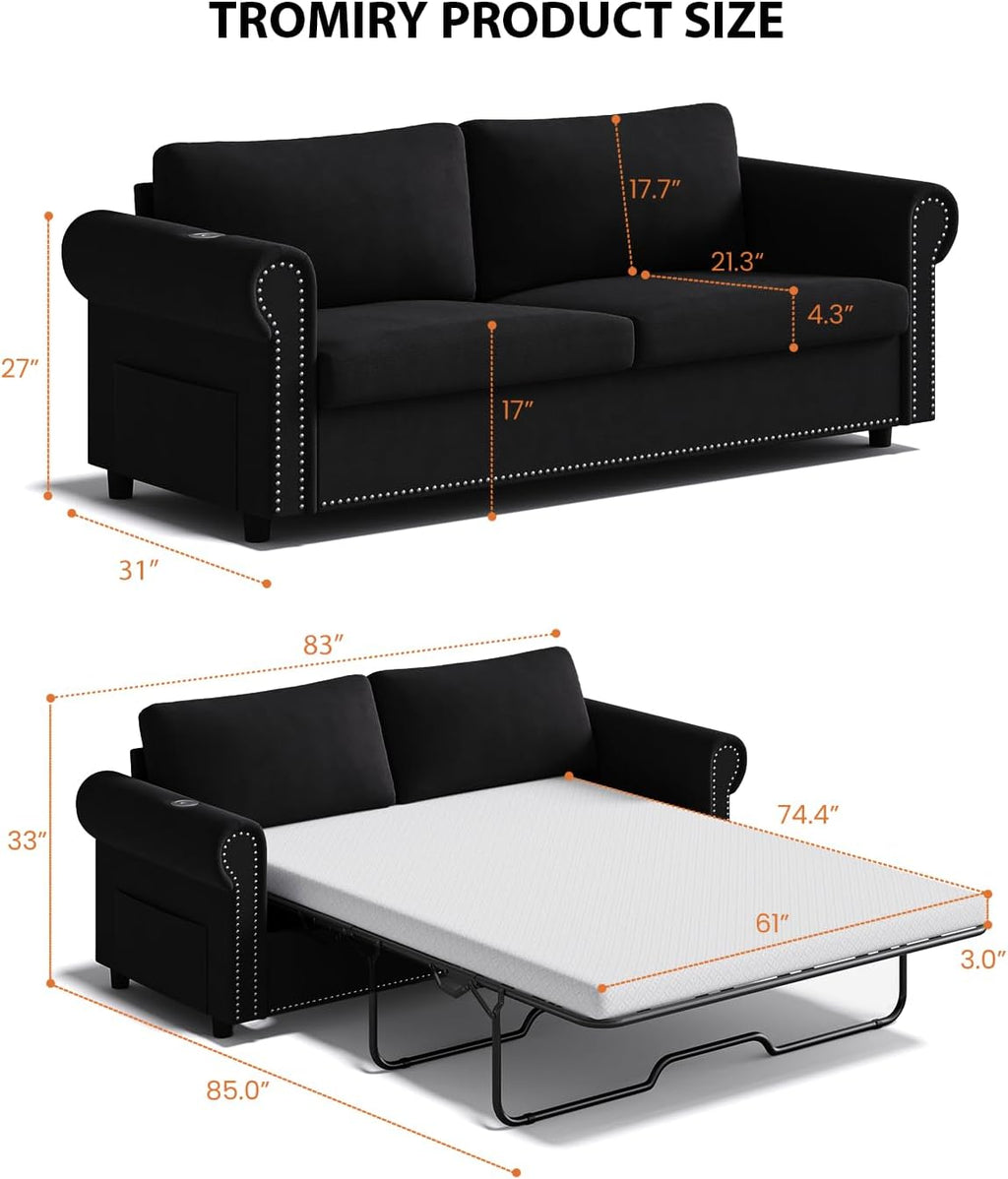 Queen Pull Out Sofa Bed | 83' Large Sleeper Sofa with Queen Size Mattress | 2-in-1 Convertible Loveseat Sofa-Bed with USB Ports Side Pockets Black