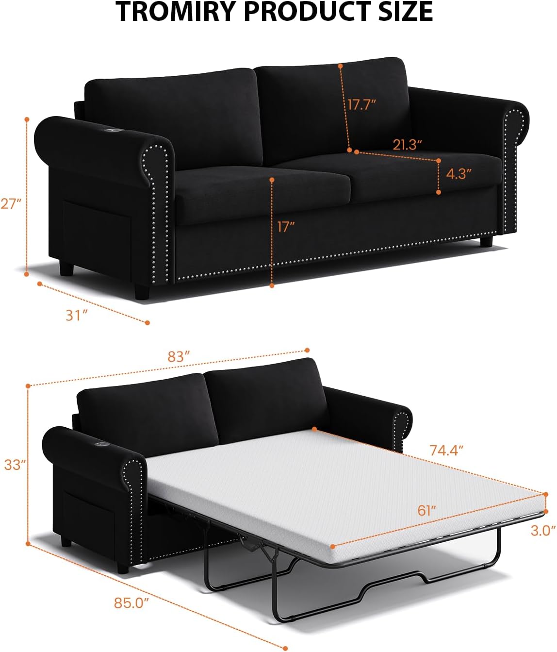 Queen Pull Out Sofa Bed | 83' Large Sleeper Sofa with Queen Size Mattress | 2-in-1 Convertible Loveseat Sofa-Bed with USB Ports Side Pockets Black