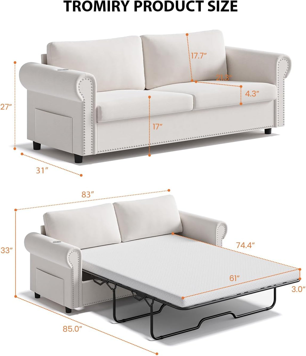 Queen Pull Out Sofa Bed | 83' Large Sleeper Sofa with Queen Size Mattress | 2-in-1 Convertible Loveseat Sofa-Bed with USB Ports Side Pockets Ivory White
