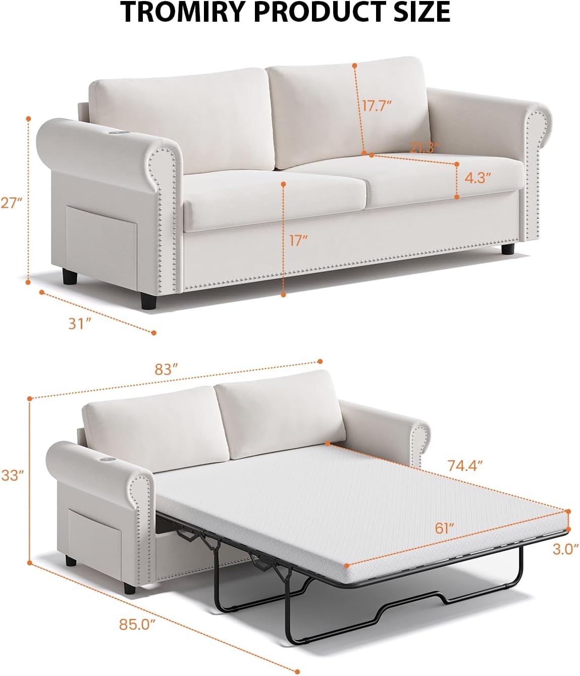 Queen Pull Out Sofa Bed | 83' Large Sleeper Sofa with Queen Size Mattress | 2-in-1 Convertible Loveseat Sofa-Bed with USB Ports Side Pockets Ivory White