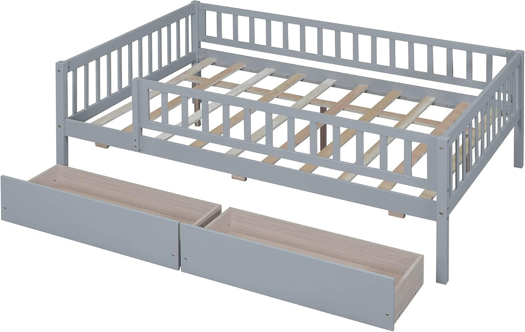 Montessori Bed Frame with Fence Railings and 2 Drawers for Kids,Full Size Wood Low Platform Bed Frame with Full-Length Safety Guardrails for Boys Girls,No Box Spring Needed,Grey