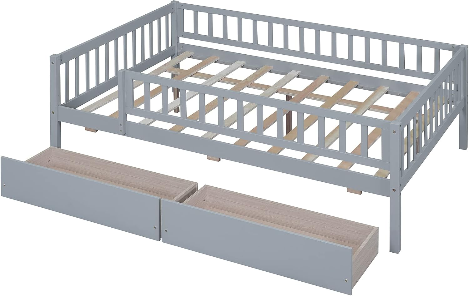 Montessori Bed Frame with Fence Railings and 2 Drawers for Kids,Full Size Wood Low Platform Bed Frame with Full-Length Safety Guardrails for Boys Girls,No Box Spring Needed,Grey