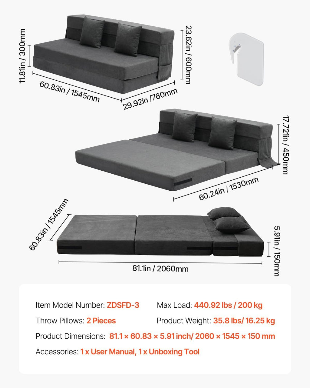 VEVOR Folding Sofa Bed, 3-in-1 Foldable Couch Bed with 2 Pillows and Washable Cover, 25D High Density Memory Foam Convertible Sleeper Chair Bed, Futon Couch for Living Room, Bedroom, Dark Grey(Queen)