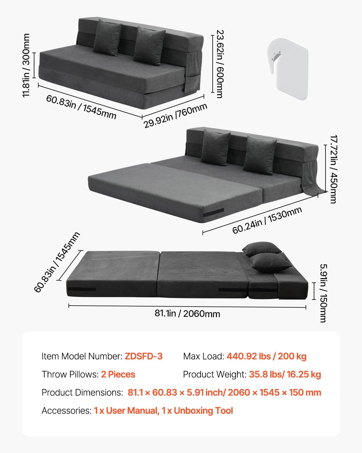 VEVOR Folding Sofa Bed, 3-in-1 Foldable Couch Bed with 2 Pillows and Washable Cover, 25D High Density Memory Foam Convertible Sleeper Chair Bed, Futon Couch for Living Room, Bedroom, Dark Grey(Queen)
