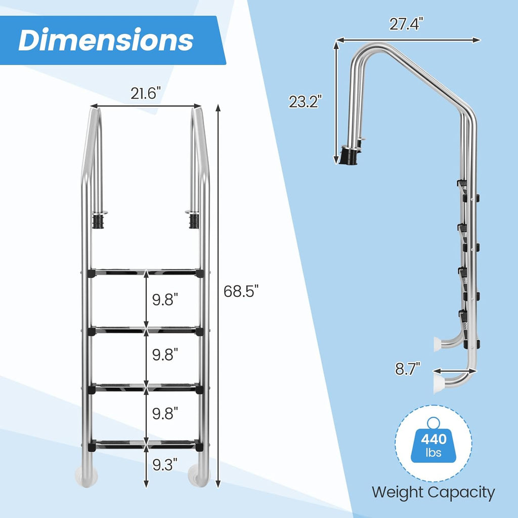 Goplus Swimming Pool Ladder, 3-Step/4-Step In-Ground Stainless Steel Step for Indoor/Outdoor Pool, Heavy Duty Non-Slip Ladder, Easy Assembly (4 Steps)