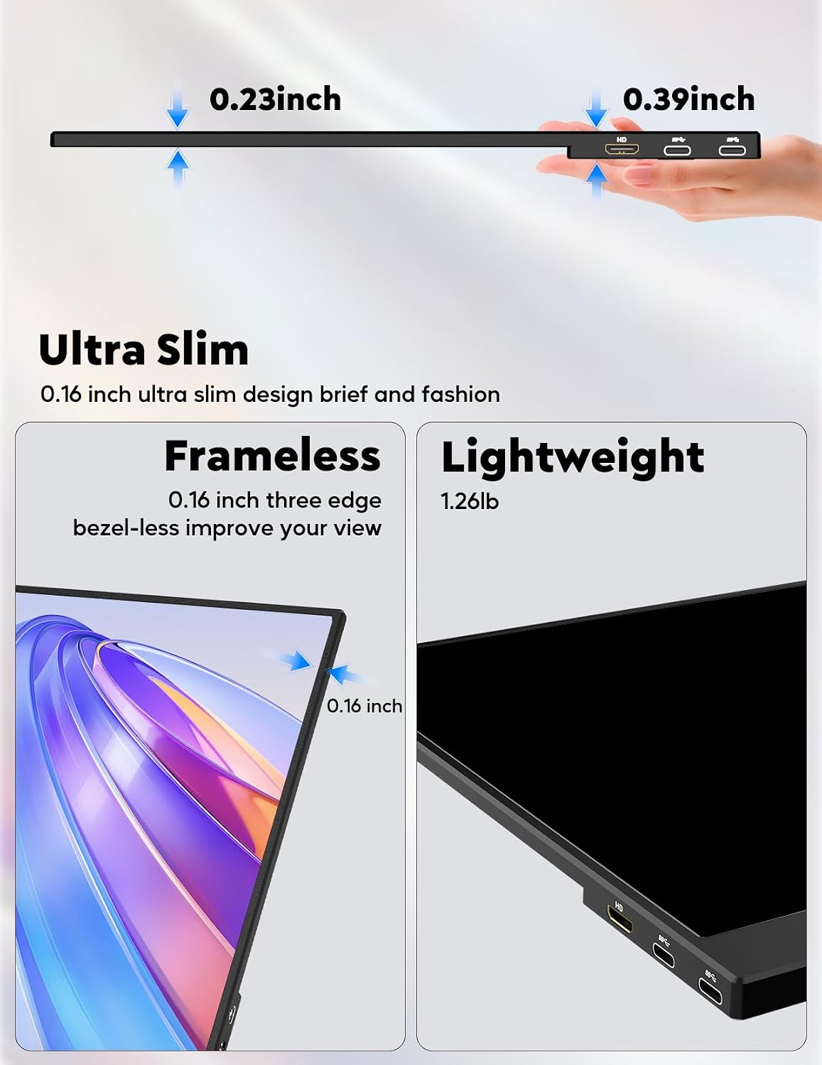 15.6' Portable Monitor with Adjustable Stand, 1080P FHD IPS Screen Extender, USB-C/HDMI Port, Ultra Slim Travel Monitor with Eye Protection, Plug and Play for Laptop/PC/Mac/Android/Switch/PS5