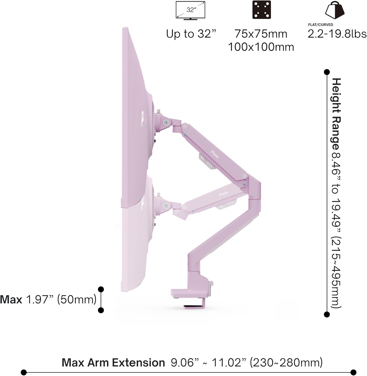 Pixio PX278 Wave Pink 27 inch 180Hz Refresh Rate FHD 1440p Resolution Fast IPS Panel 1ms GTG Response Time Gaming Monitor and PS1S Wave Pink Single Monitor Arm - Fits up to 32 inches and 19.8lbs