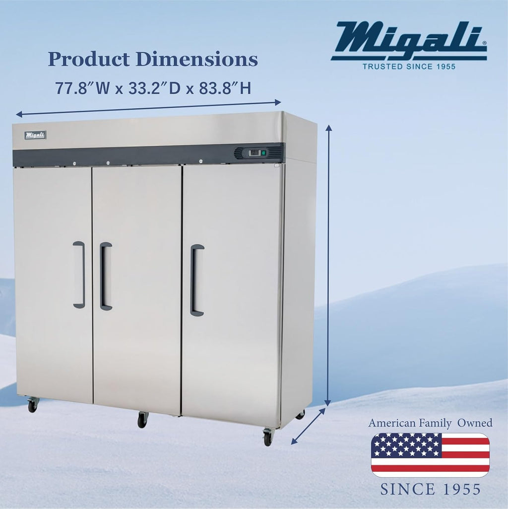 Migali C-3R-HC Three Door Reach-In Refrigerator, 72 cu/ft, Stainless Steel Interior and Exterior, Auto Defrost, Digital Temperature Display, Door Locks