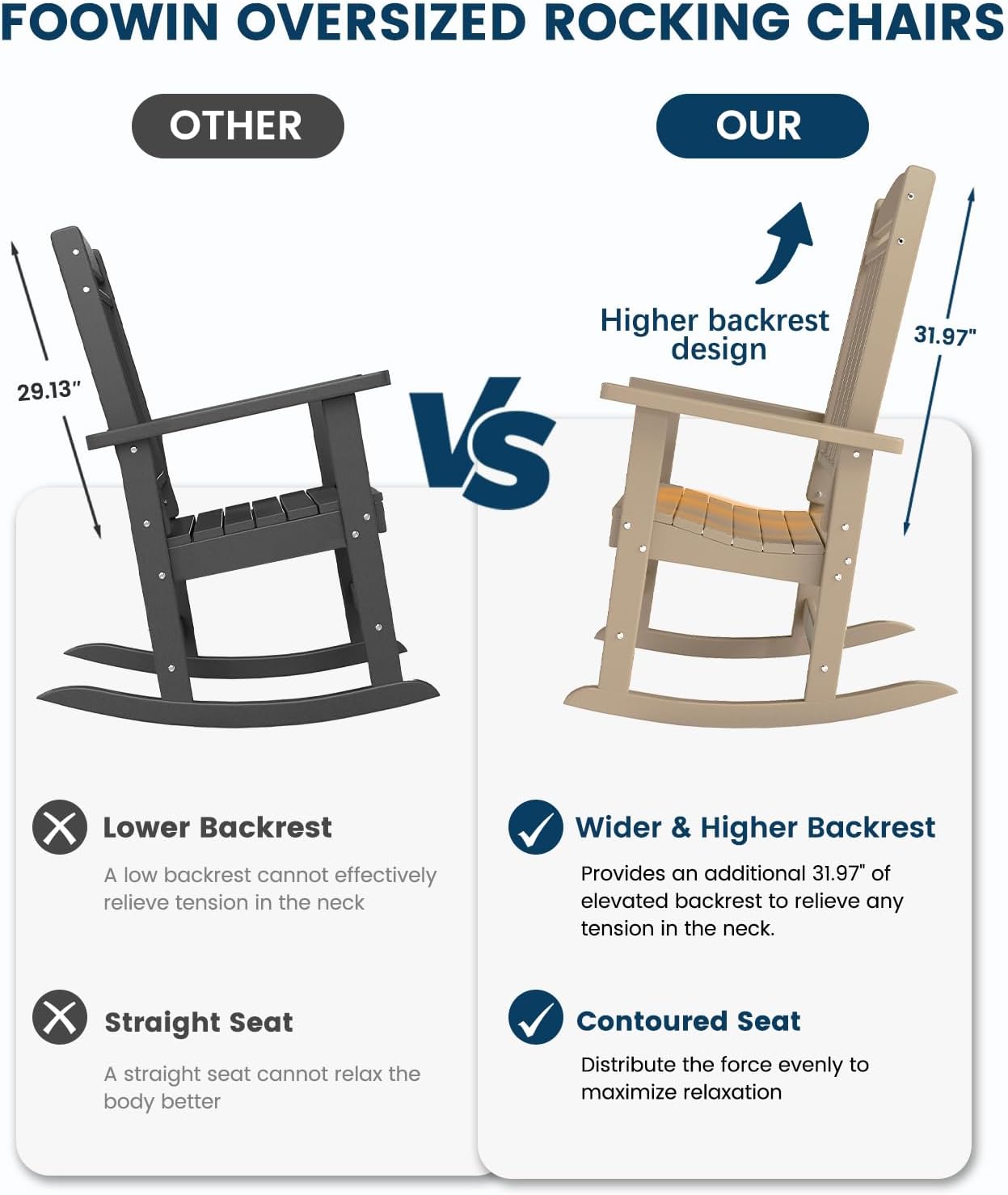 FOOWIN Outdoor Rocking Chair Set of 4, High Back Patio Rocking Chair, HDPE All Weather Resistant Porch Rocker for Adult, Oversized Rocking Chairs for Garden, Lawn, Indoor & Outdoor Use, Brown