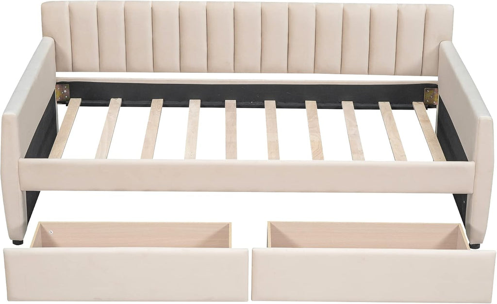 Merax Upholstered Daybed with 2 Drawers, Twin Size Bed Frame with Storage and Wood Slat Support, Beige