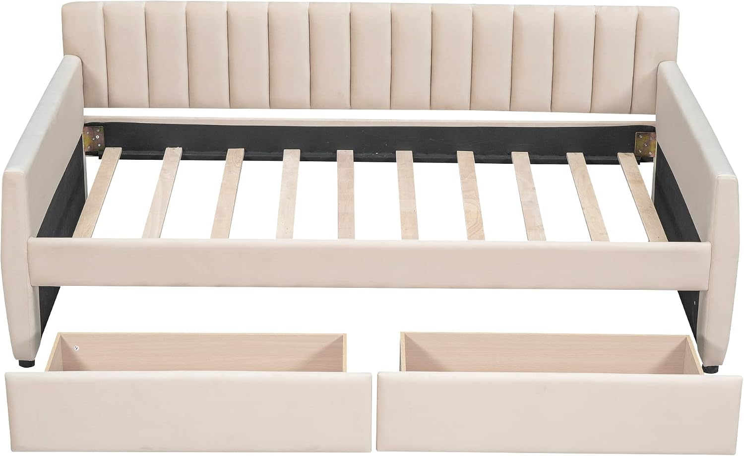 Merax Upholstered Daybed with 2 Drawers, Twin Size Bed Frame with Storage and Wood Slat Support, Beige