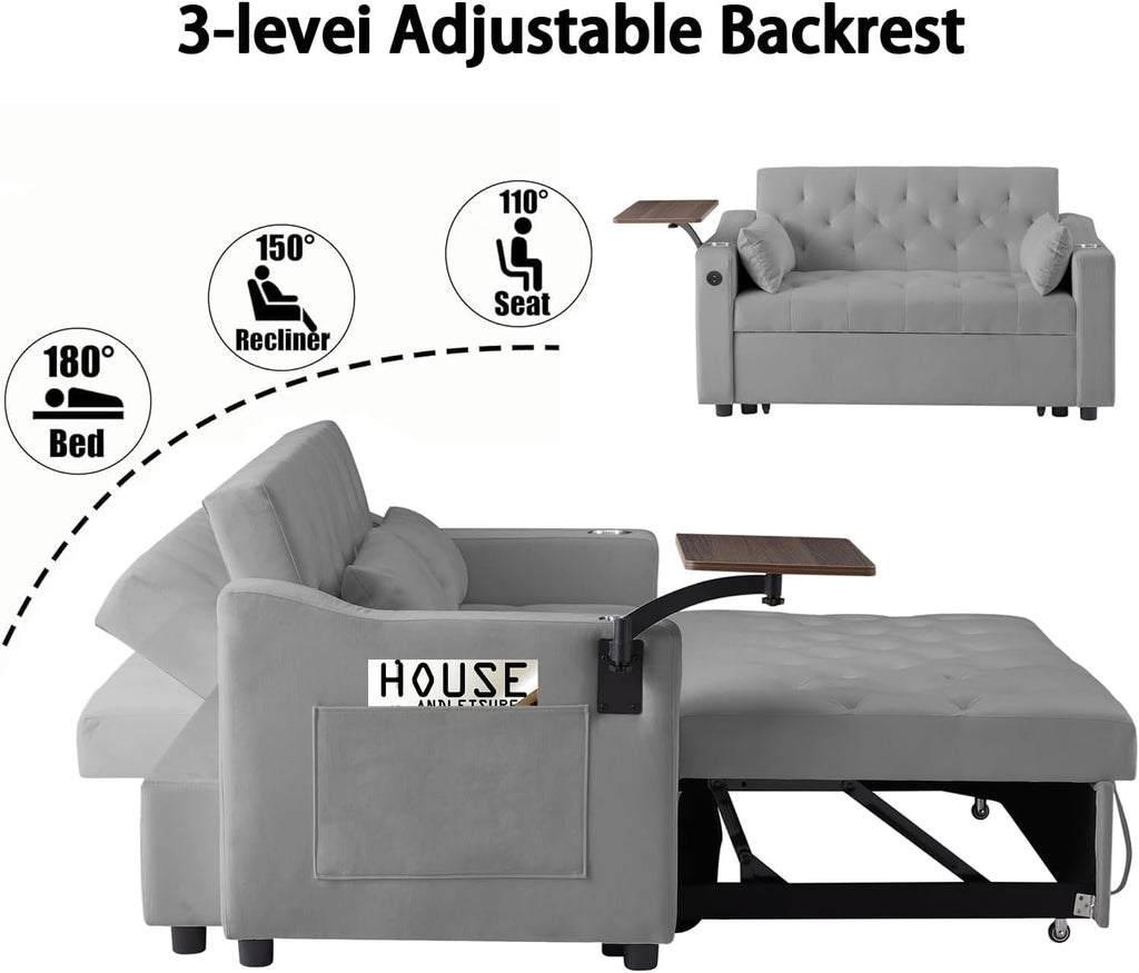 Auvsoce 53'' Convertible Sleeper Sofa Bed with Adjustable Backrest, Chaise Lounge, Side Table & Two Pillows – Stylish & Functional Addition to Any Living Room (Modern Grey)