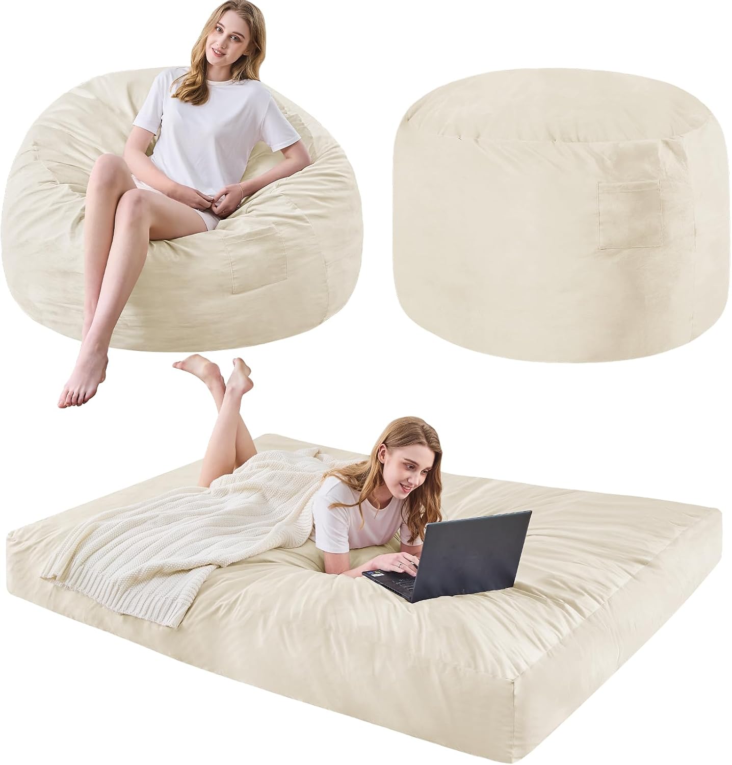 Bean Bag Chairs for Adults - Giant Bean Bag Chair Convertible Bean Bag Bed - Beanbag Chair with Micro Fiber Cover/Furniture Foam Filler - Floor Couch Sofa in Bedroom Dorm Room - Queen Beige