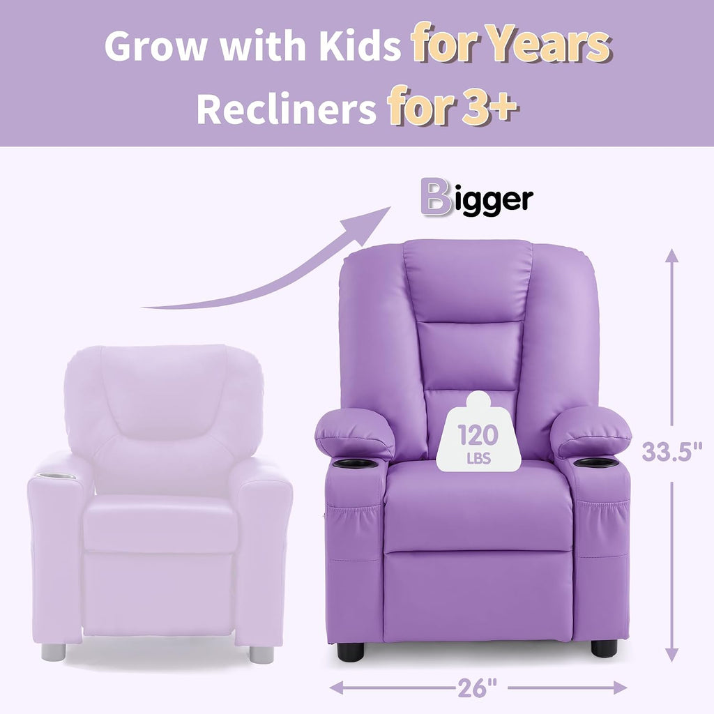 MCombo Big Kids Recliner for Ages 3+, Child Reclining Chair, Toddlers Recliner Sofa with Cup Holders, Faux Leather, 7322(Violet)