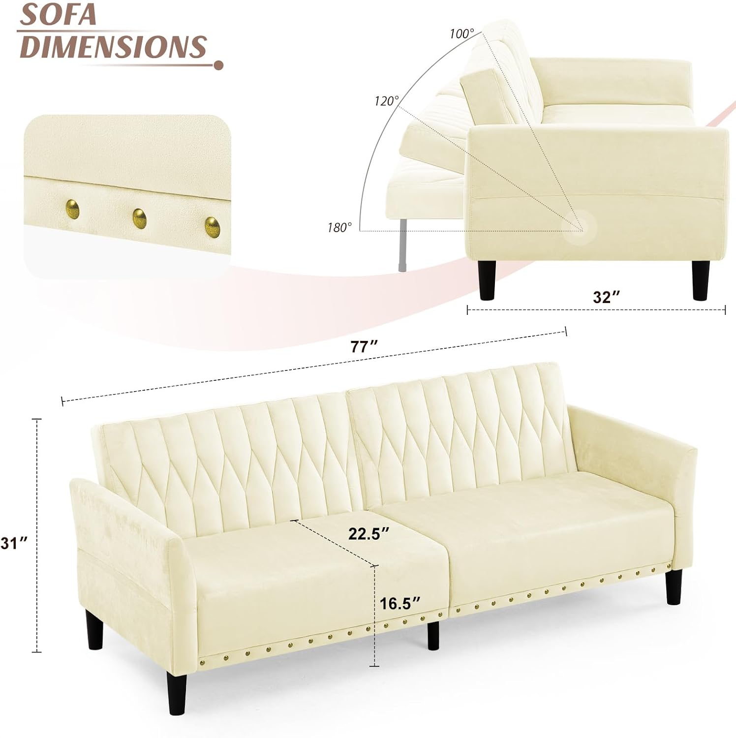 77' Velvet Sofa Bed with Adjustable Armrests and Backrests,Tufted Convertible Futon Couch with Nailhead Trim, Loveseat Modern Velvet Sleeper Sofa for Living Room,Bedroom,Office, Beige