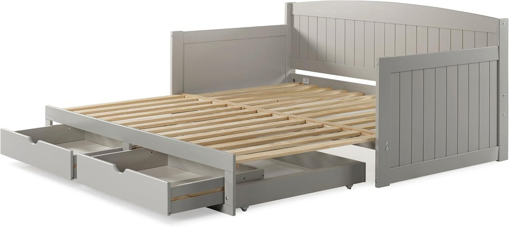 Alaterre Furniture Harmony Twin to King Daybed with Pop Up Trundle Bed - Solid Wood Twin Day Bed with 2 Pull-Out Storage Drawers and 400lb Capacity - For Kids, Guest Room, Living Room (Dove Gray)