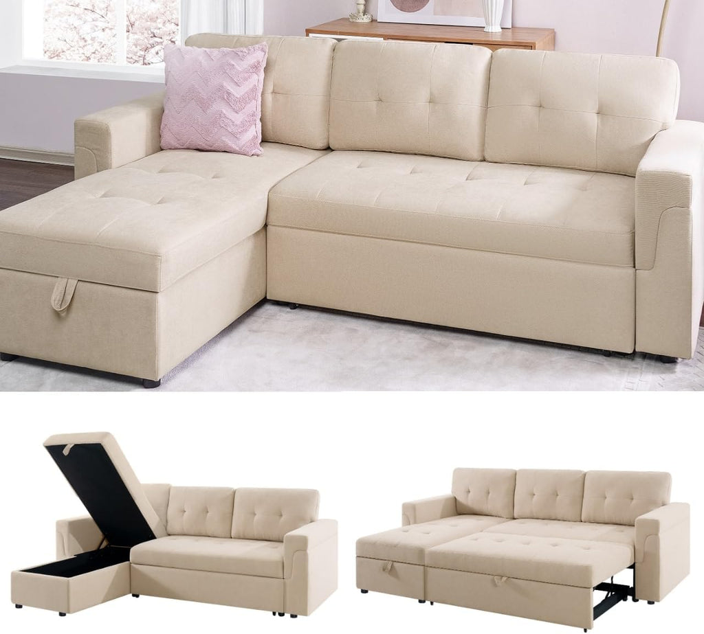 Naomi Home L Shaped Sectional Couch with Storage & Pull Out Bed – 3-in-1 Convertible Sleeper Sofa Bed, Small L Shape Sofa for Living Room, Sofa Bed with Storage Chaise in Beige, Velvet