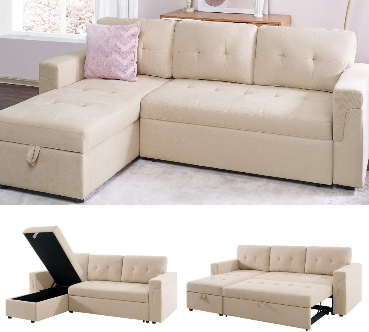 Naomi Home L Shaped Sectional Couch with Storage & Pull Out Bed – 3-in-1 Convertible Sleeper Sofa Bed, Small L Shape Sofa for Living Room, Sofa Bed with Storage Chaise in Beige, Velvet