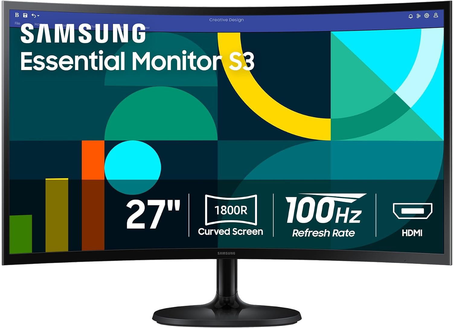 Samsung 27' Essential S3 (S36GD) Curved Monitor - FHD, 1800R Curved Screen, 100Hz, Eye Saver Mode, Game Mode, HDMI D-sub, LS27D36CGANXZA