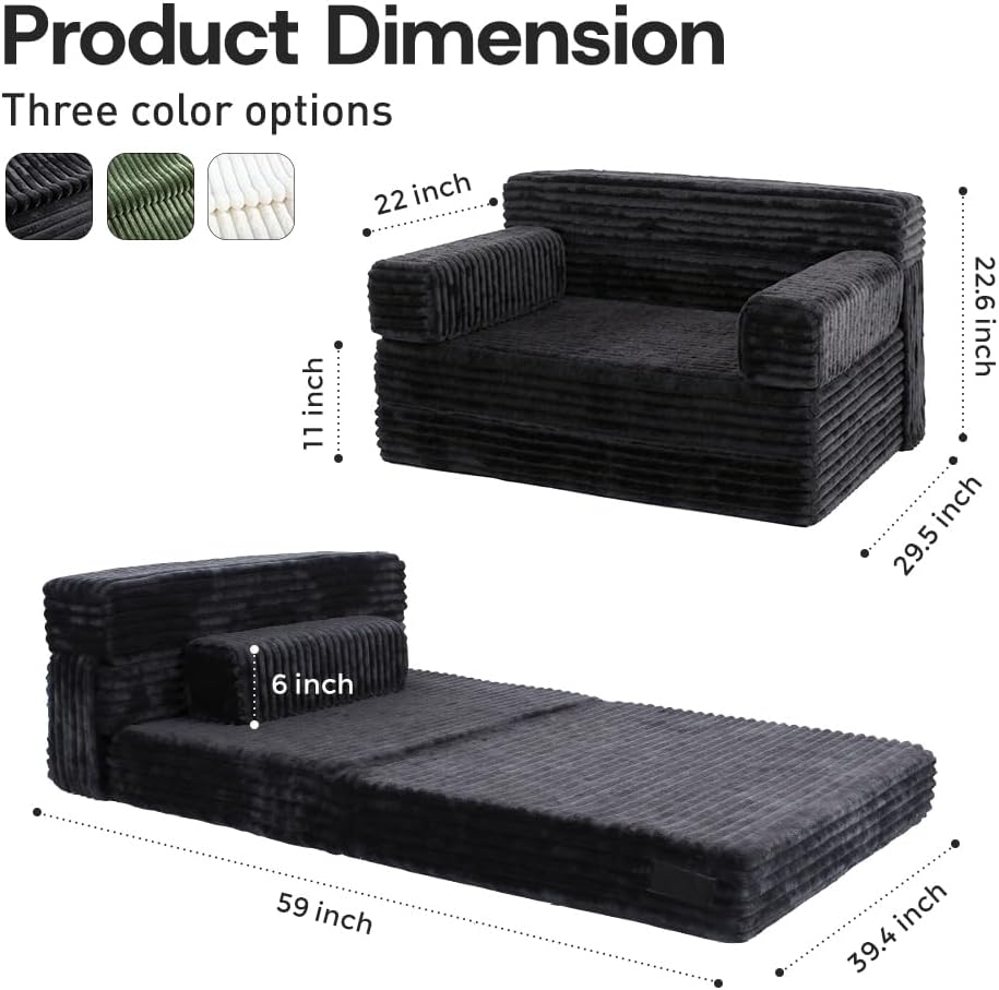 YEPDIN Folding Sofa Bed,Convertible Sofa Bed with Armrest Foldable Sleeper Chair, Portable Folding 4-in-1 Floor Sofa with Convertible Lounge Chair for Living Room,Bedroom,Washable Cover,Black Single