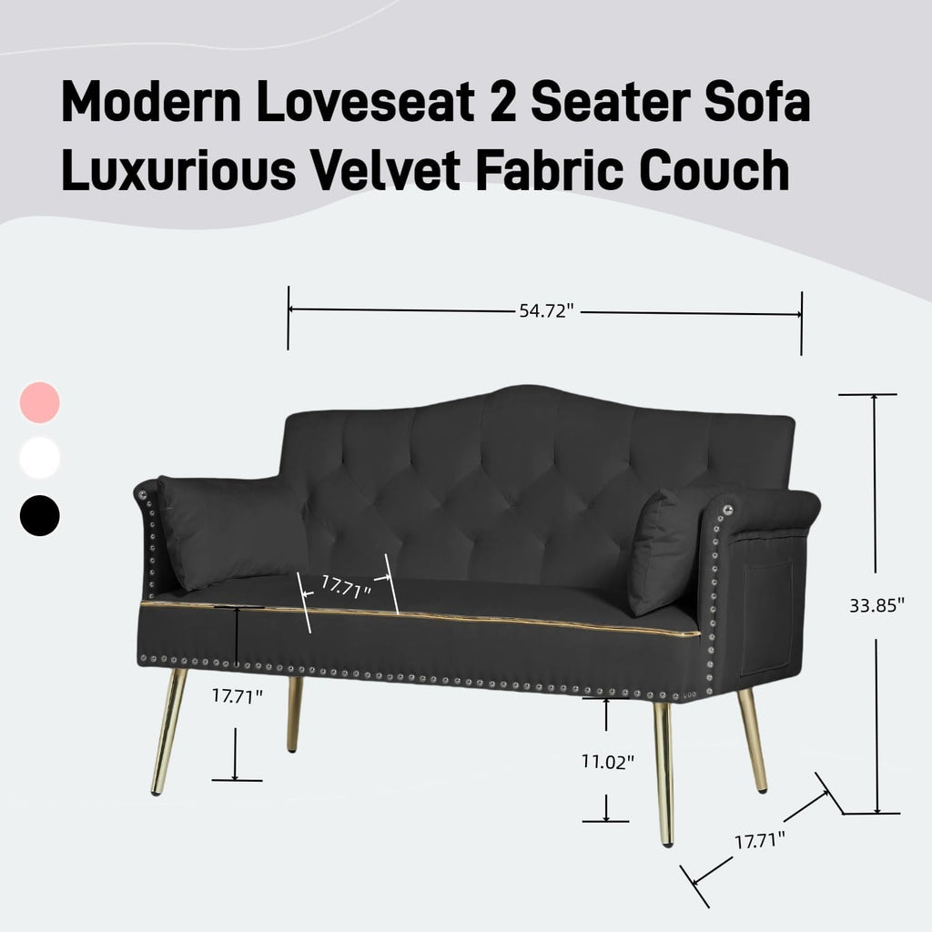 oaaktu Small Velvet Loveseat Sofa with Gold Metal Legs,55-inch Modern Sofa Couch with 2 Side Pockets,Couch with Tufted Backrest for Living Room Bedroom Office (Black)