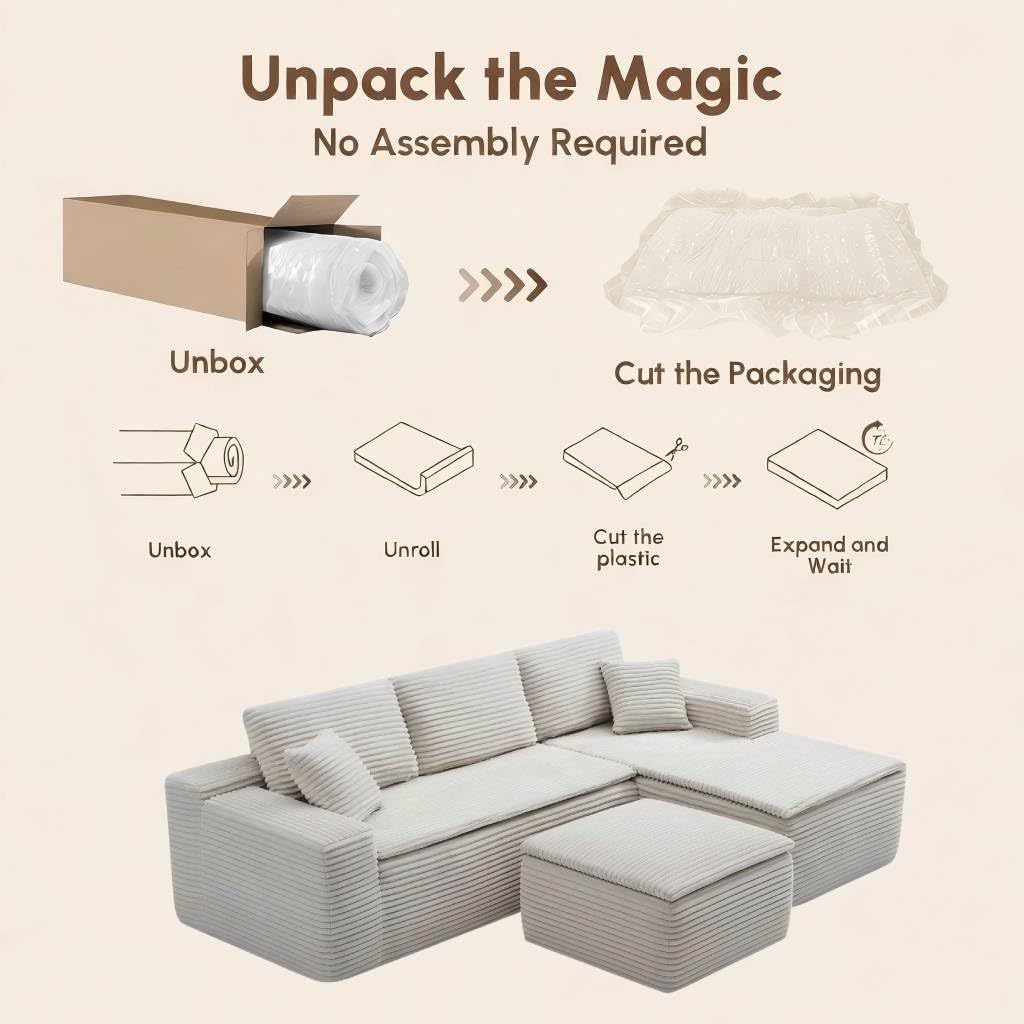 Modular Cloud Couch, Boneless Sectional Sofa for Living Room, Corduroy Fabric Deep Seat Memory Foam Couch, No Assembly Oversized Luxury Modern Fuzzy Plush, Compressed Couches Sofa in a Box