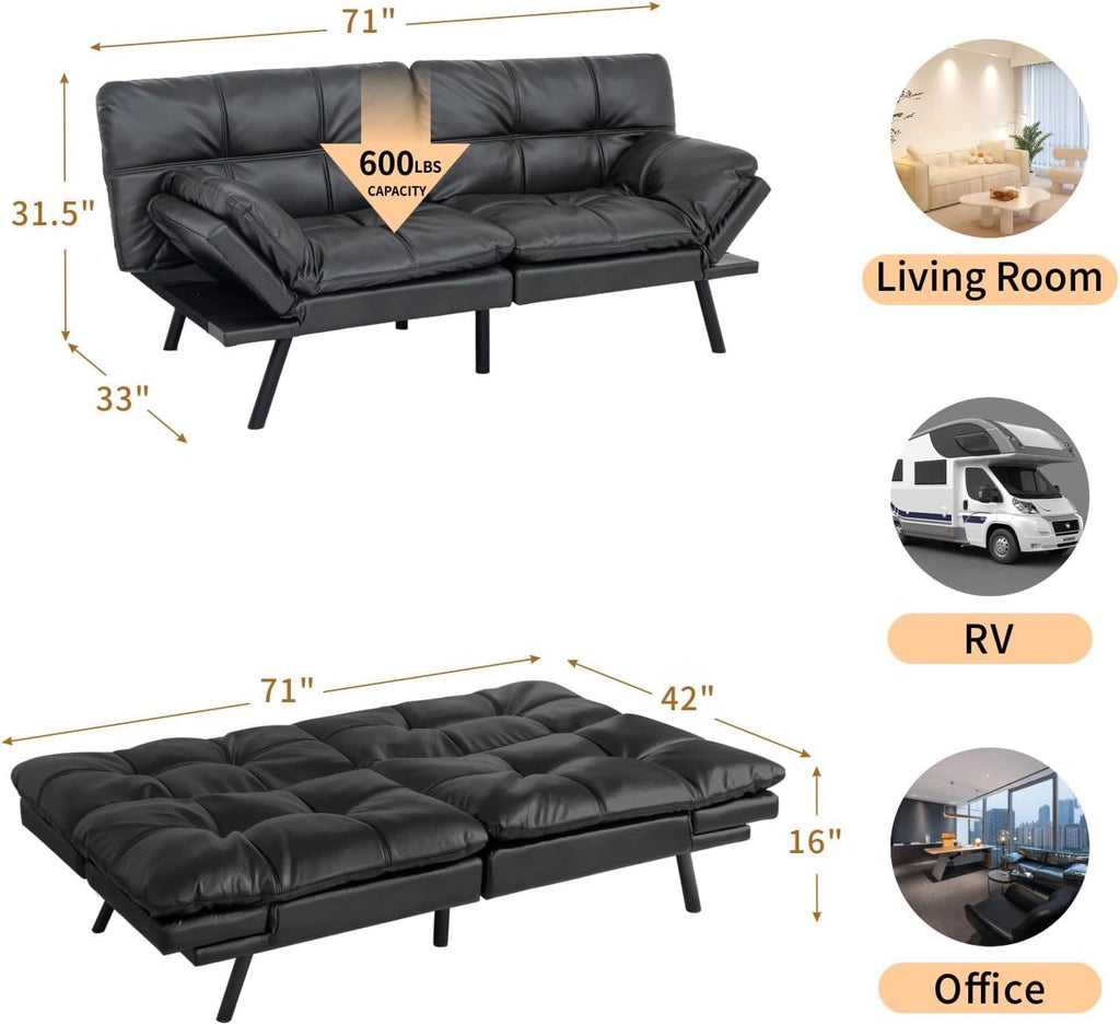 Convertible Memory Foam Sofa Bed with Adjustable Backrest & Armrest, Modern Futon Couch for Living Room, Office, Apartment, Space-Saving Design, Easy Assembly,Matte Black