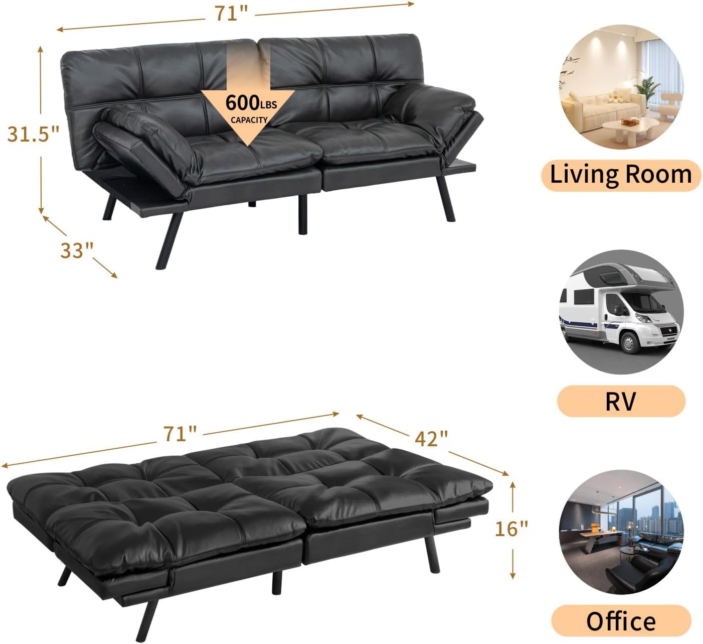 Convertible Memory Foam Sofa Bed with Adjustable Backrest & Armrest, Modern Futon Couch for Living Room, Office, Apartment, Space-Saving Design, Easy Assembly,Matte Black