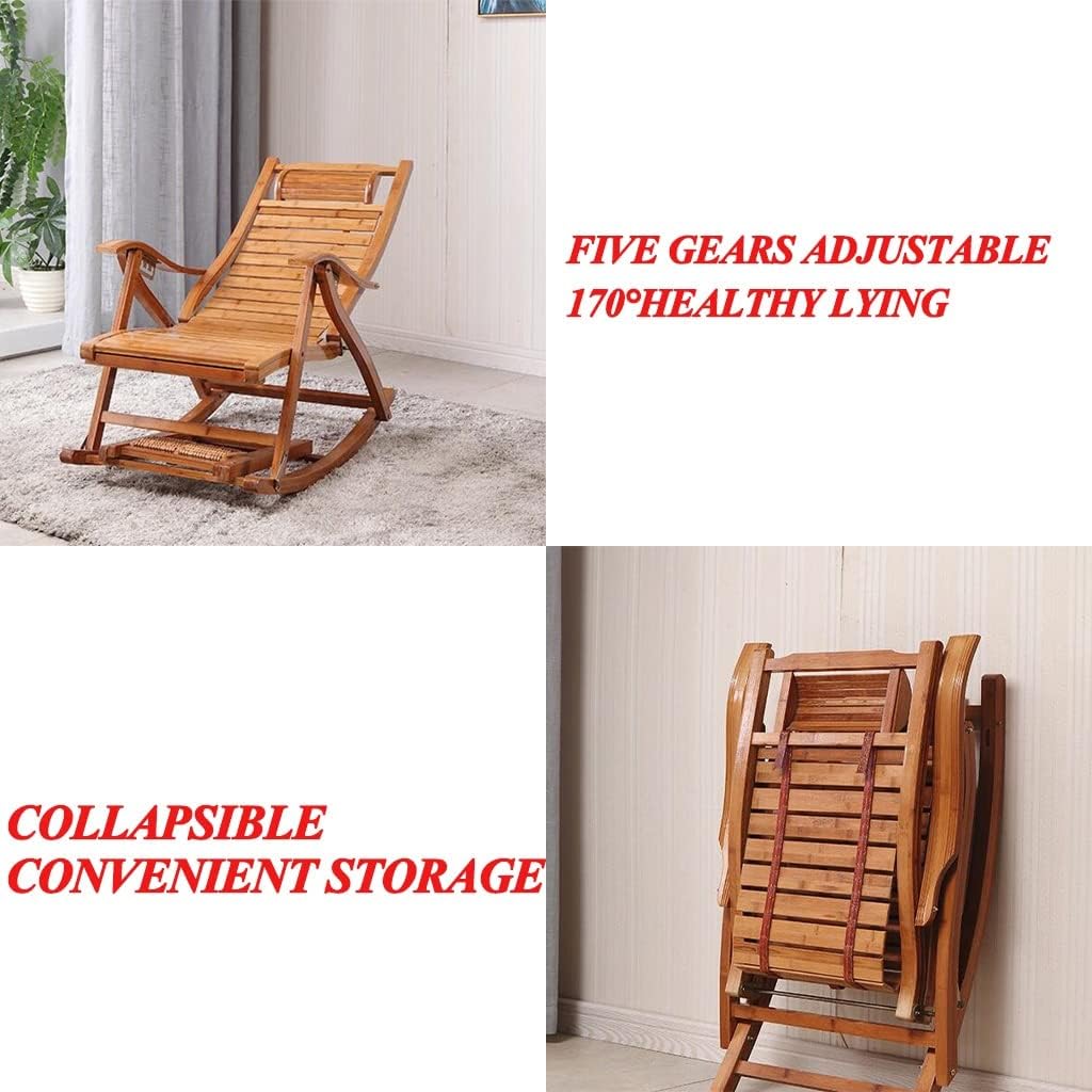Folding Chair Indoor Padded, Rocking Chair with Ottoman, Wooden Frame Adjustable Reclining Chair with Footrest Headrest Removable Cushion Portable Deck Recliner for Living Room, White