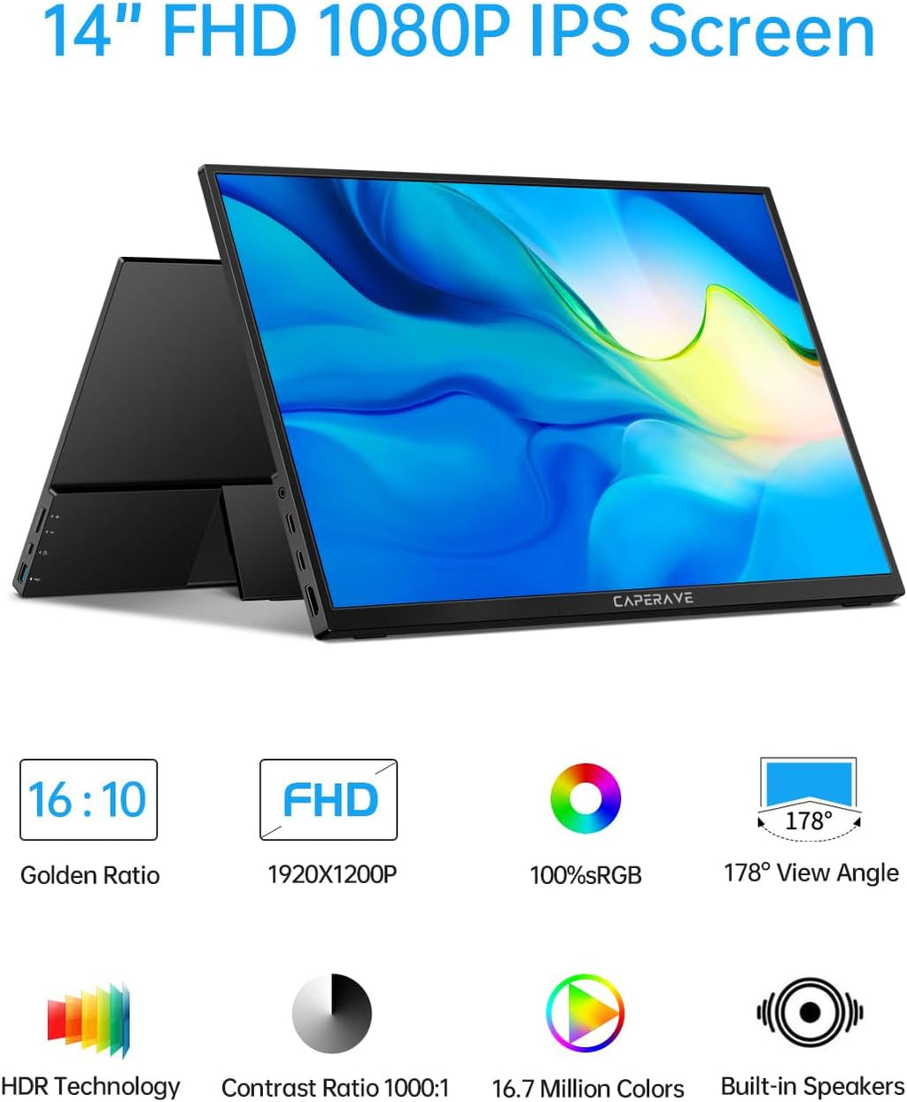 CAPERAVE Portable Monitor - 14.0' USB C HDMI Travel Monitor for Laptop, FHD 100% sRGB, Built-in Kickstand & Speakers, Second Screen and External Monitor for MacBook Xbox PS4/5 Switch