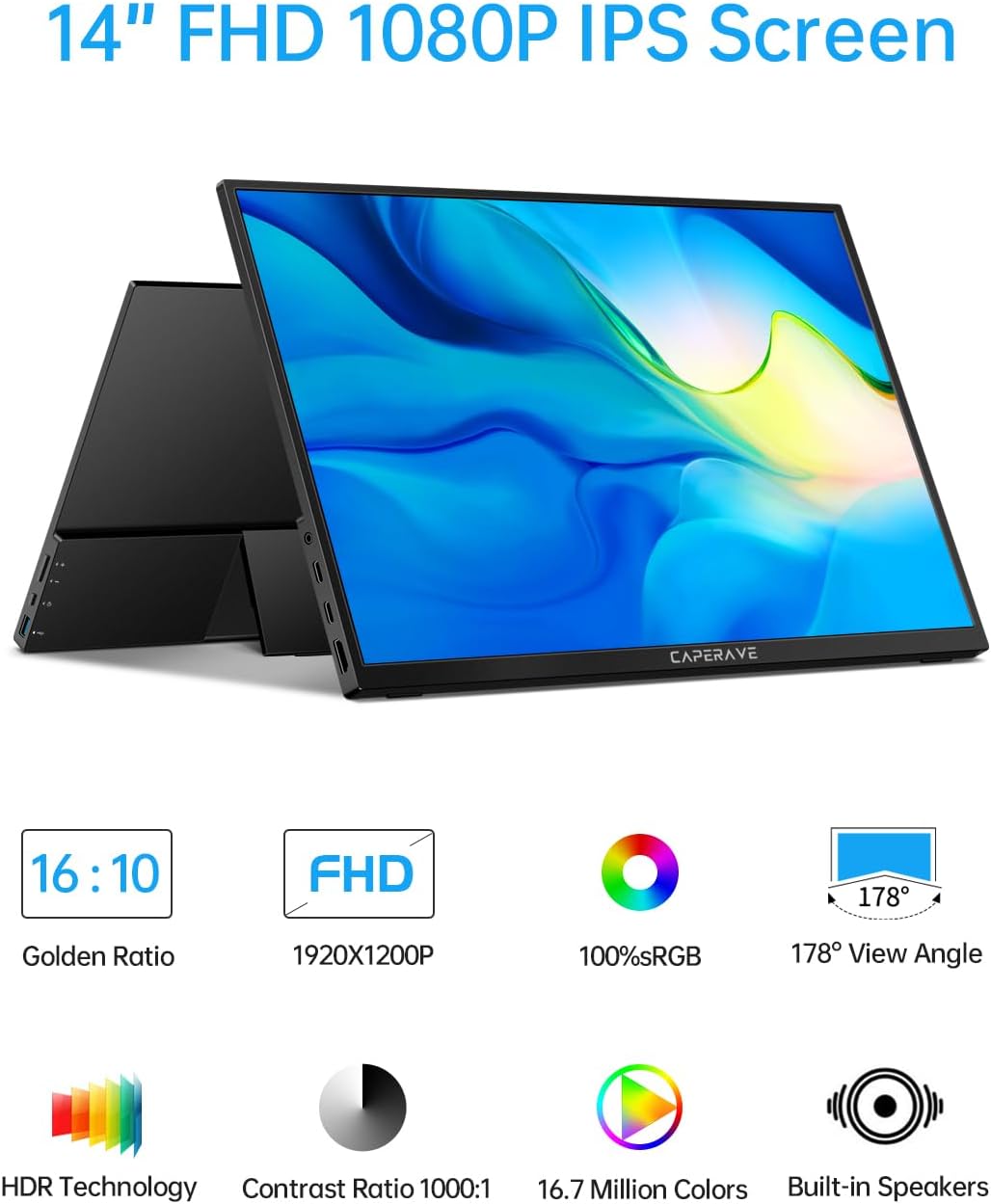 CAPERAVE Portable Monitor - 14.0' USB C HDMI Travel Monitor for Laptop, FHD 100% sRGB, Built-in Kickstand & Speakers, Second Screen and External Monitor for MacBook Xbox PS4/5 Switch