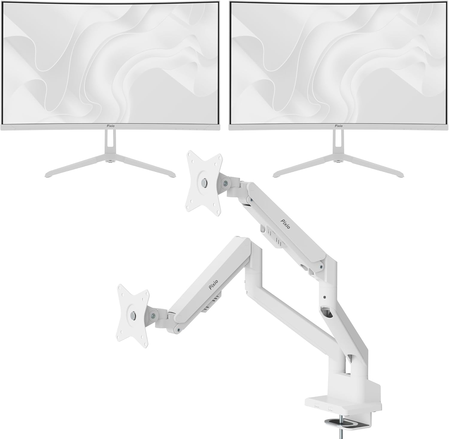 Two Pixio PXC248WAVE White 24 inch 200Hz Refresh Rate FHD 1080p Resolution 1500R Curve Fast VA Panel 1ms GTG Response Time HDR Curved Gaming Monitor and PS1D Wave White Dual Monitor Arm - Fits up to 3